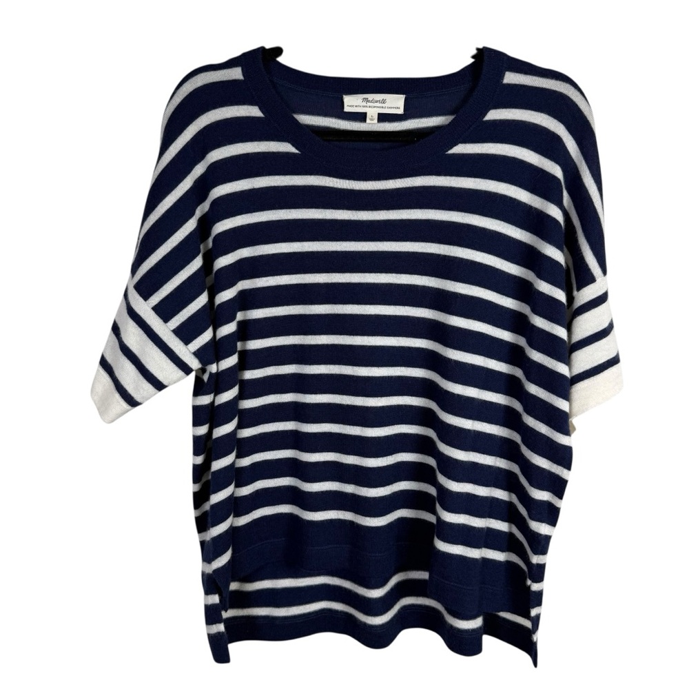 Madewell Relaxed Cashmere Blue Cream Striped Short Sleeve Sweater Tee Size Lg
